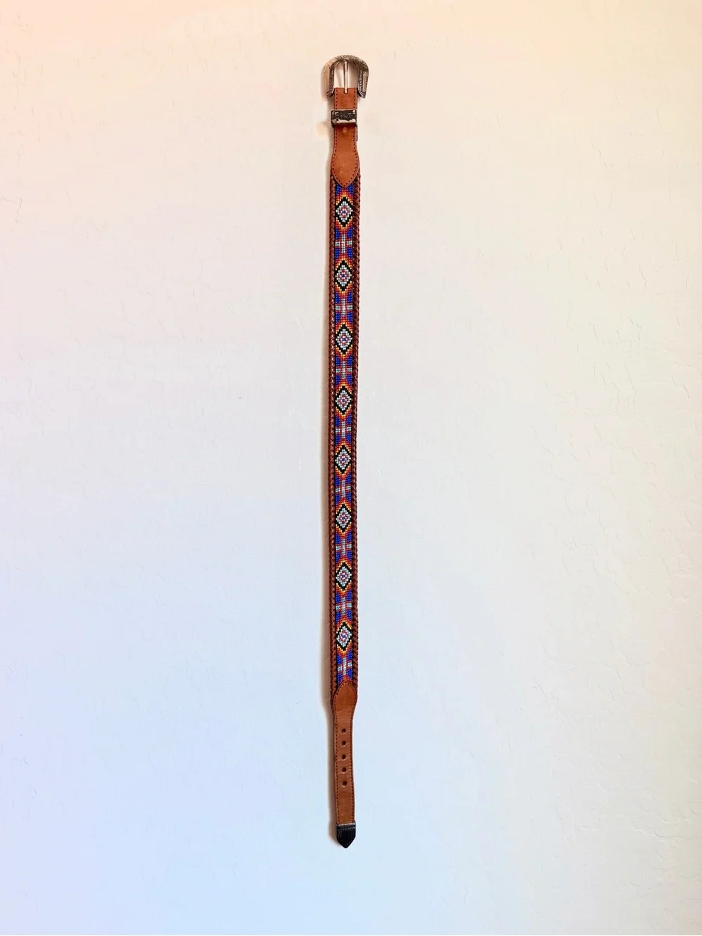 Handcrafted Brown Leather Belt with Multicolor Beaded Accent